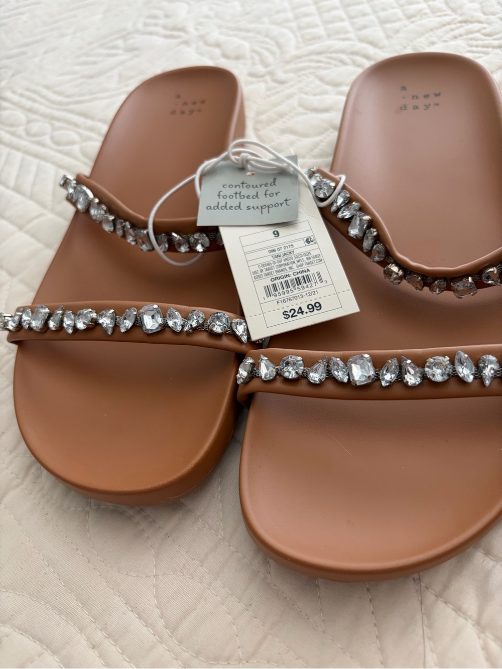 a new day Tan Jeweled Double-Strap Slide Sandals NWT